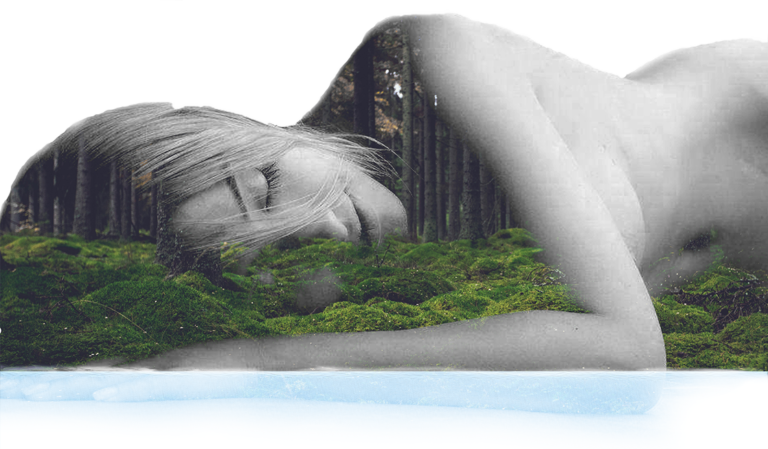 sleeping woman in the forest and lake