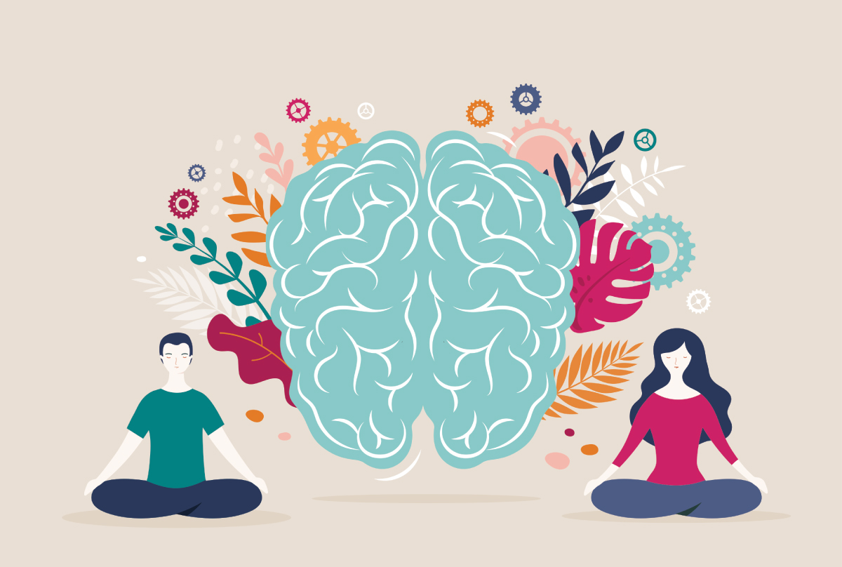 brain surrounded by happiness, man and woman in lotus pose
